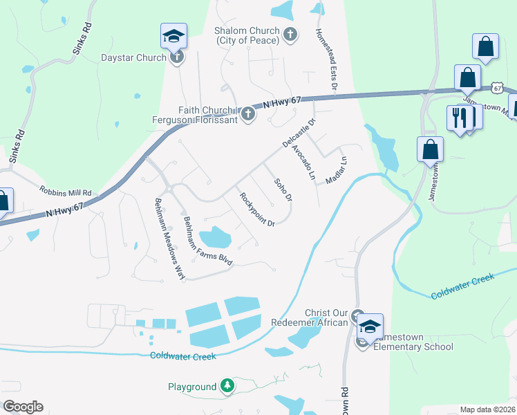 map of restaurants, bars, coffee shops, grocery stores, and more near 14538 Rockypoint Drive in Florissant