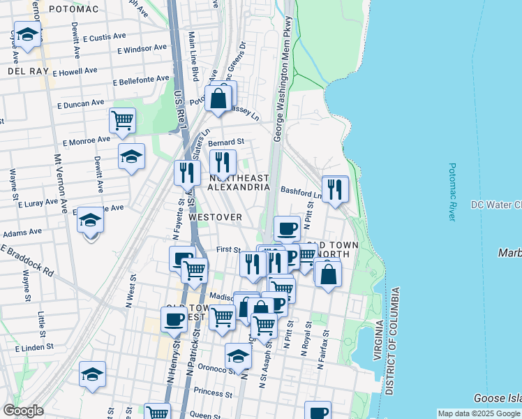 map of restaurants, bars, coffee shops, grocery stores, and more near 702 West Abingdon Court in Alexandria