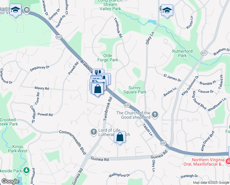 map of restaurants, bars, coffee shops, grocery stores, and more near 9512 Braddock Road in Fairfax