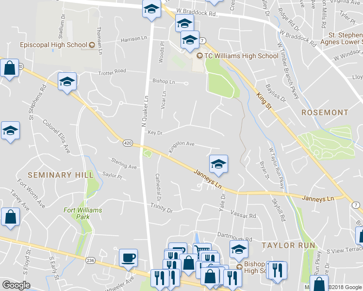 map of restaurants, bars, coffee shops, grocery stores, and more near 1336 Kingston Avenue in Alexandria