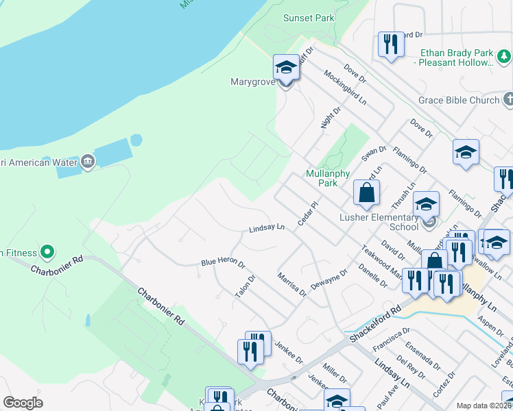 map of restaurants, bars, coffee shops, grocery stores, and more near 2486 Clovermere Court in Florissant