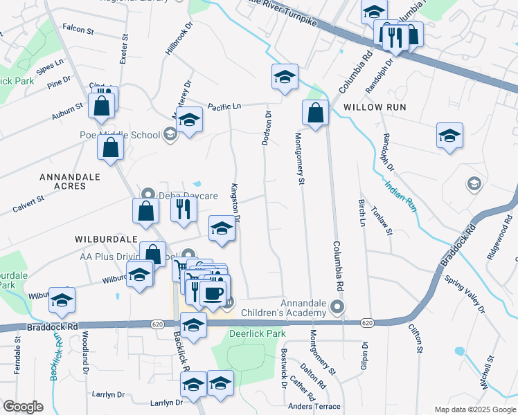 map of restaurants, bars, coffee shops, grocery stores, and more near 4904 Dodson Drive in Annandale