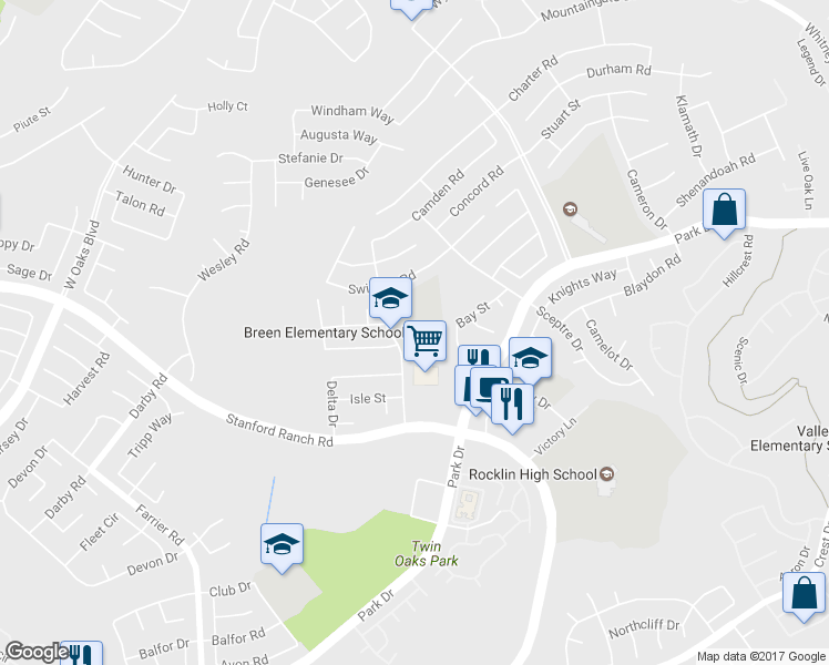 map of restaurants, bars, coffee shops, grocery stores, and more near 2751 Breen Drive in Rocklin