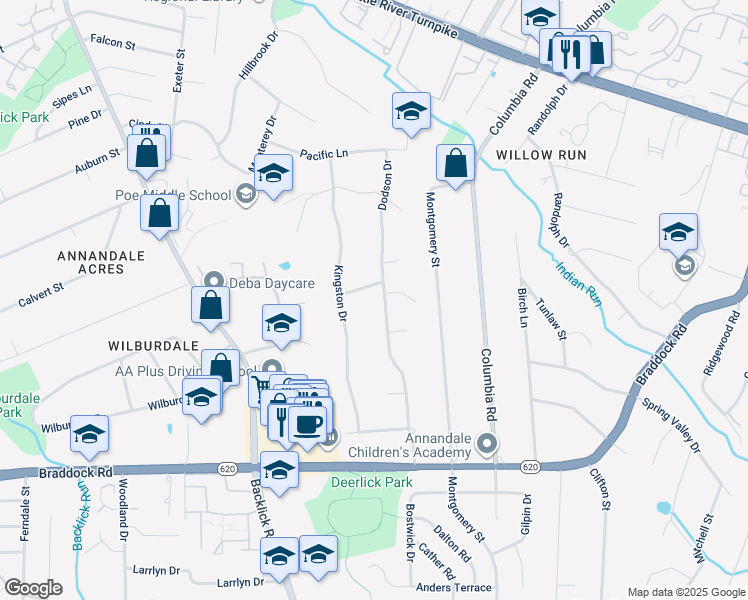 map of restaurants, bars, coffee shops, grocery stores, and more near 4904 Dodson Drive in Annandale