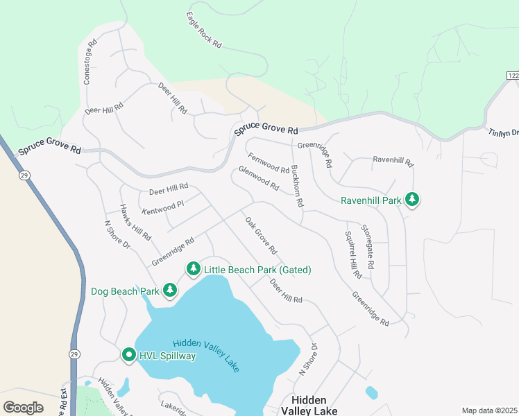 map of restaurants, bars, coffee shops, grocery stores, and more near 17464 Greenridge Road in Hidden Valley Lake