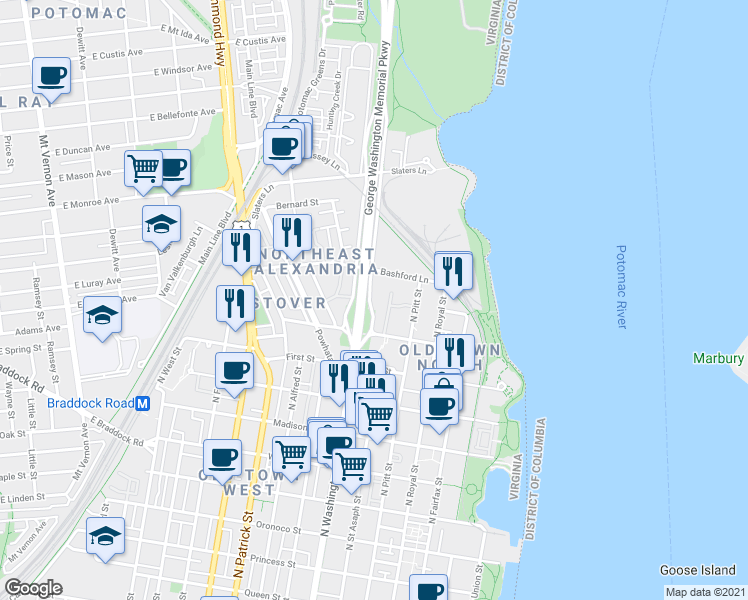 map of restaurants, bars, coffee shops, grocery stores, and more near 1251 East Abingdon Drive in Alexandria