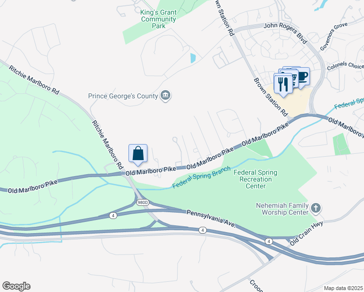 map of restaurants, bars, coffee shops, grocery stores, and more near 5209 Mount Airy Lane in Upper Marlboro