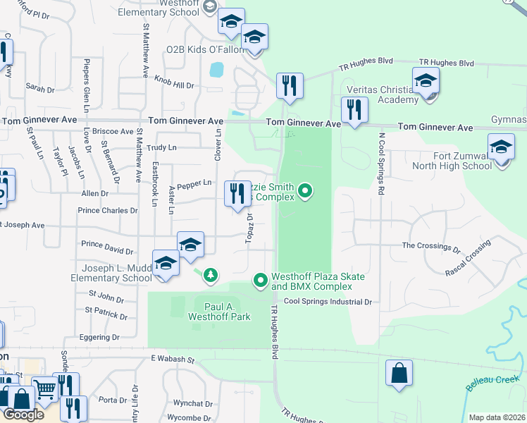 map of restaurants, bars, coffee shops, grocery stores, and more near 10 Zircon Court in O'Fallon