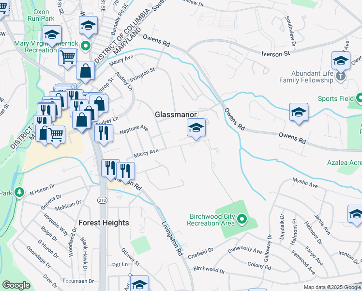 map of restaurants, bars, coffee shops, grocery stores, and more near Marcy Avenue in Oxon Hill