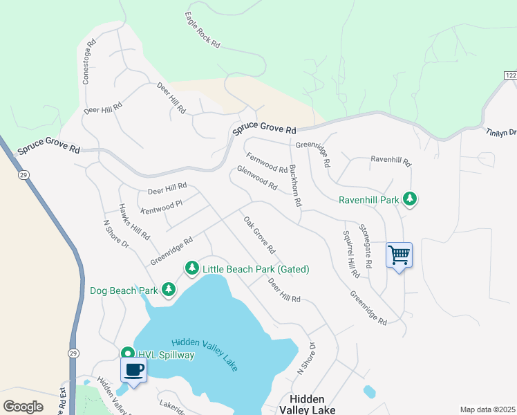 map of restaurants, bars, coffee shops, grocery stores, and more near 17464 Greenridge Road in Hidden Valley Lake