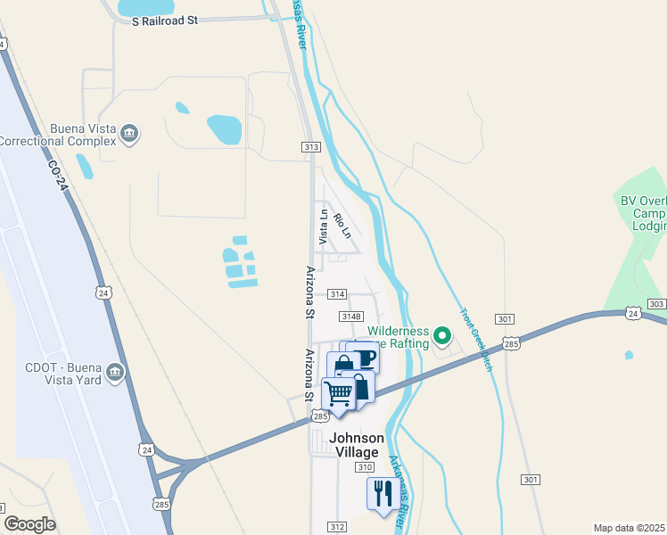 map of restaurants, bars, coffee shops, grocery stores, and more near 27436 County Road 313 in Buena Vista