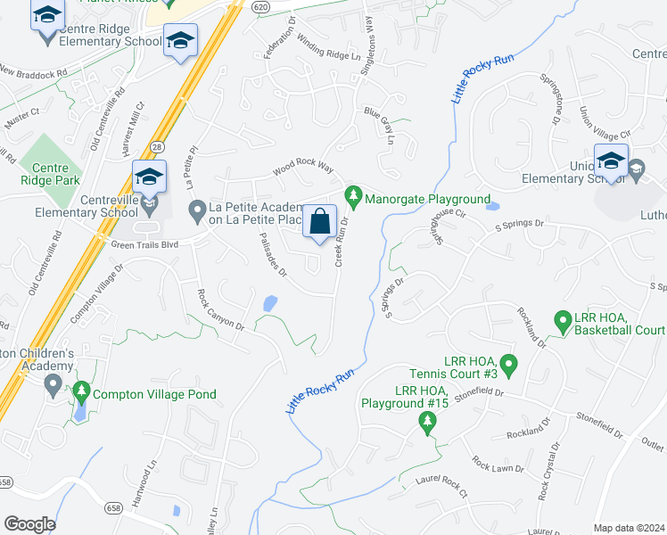 map of restaurants, bars, coffee shops, grocery stores, and more near 6546 Creek Run Drive in Centreville