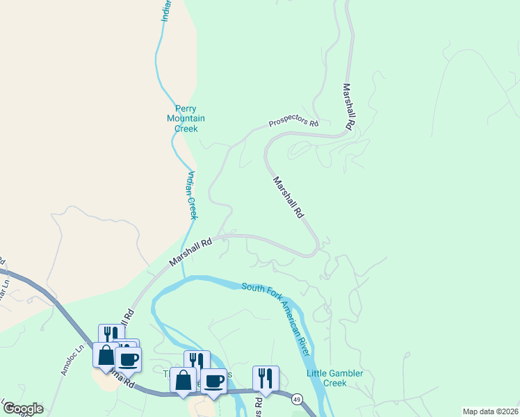 map of restaurants, bars, coffee shops, grocery stores, and more near 6600 Marshall Road in Garden Valley