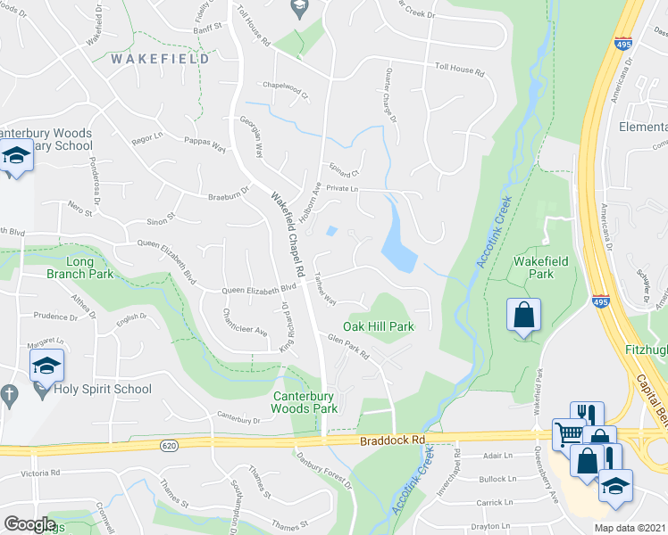 map of restaurants, bars, coffee shops, grocery stores, and more near 8406 Queen Elizabeth Boulevard in Annandale
