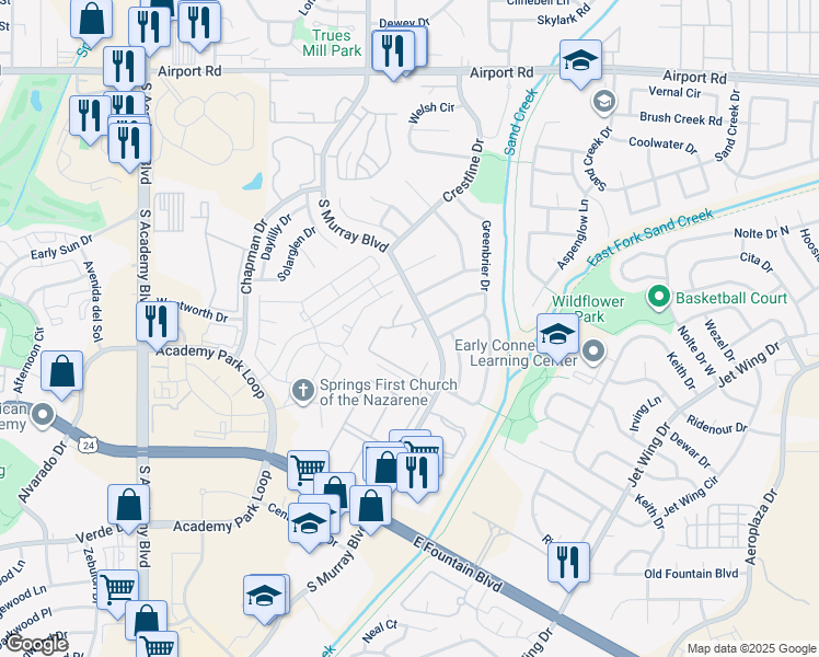 map of restaurants, bars, coffee shops, grocery stores, and more near 4185 Sanders View in Colorado Springs
