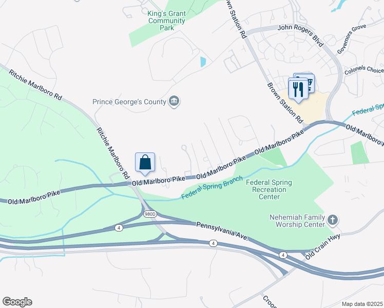 map of restaurants, bars, coffee shops, grocery stores, and more near 5209 Mount Airy Lane in Upper Marlboro