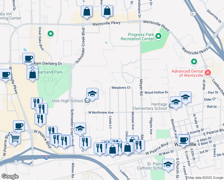 map of restaurants, bars, coffee shops, grocery stores, and more near 705a Linda Lane in Wentzville