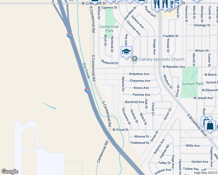 map of restaurants, bars, coffee shops, grocery stores, and more near 124 Dixie Avenue in Salina