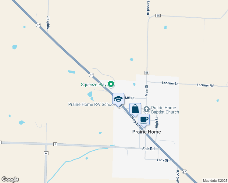 map of restaurants, bars, coffee shops, grocery stores, and more near 170 Highway Drive in Prairie Home