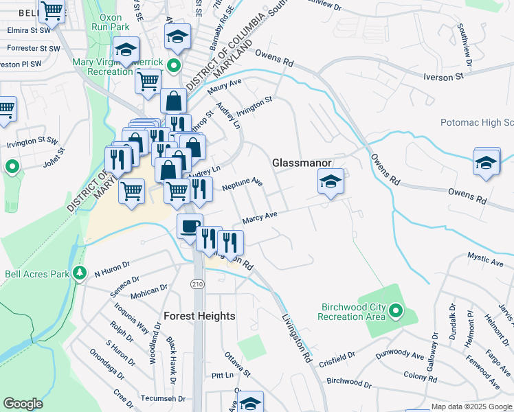map of restaurants, bars, coffee shops, grocery stores, and more near 5310 Leverett Street in Oxon Hill
