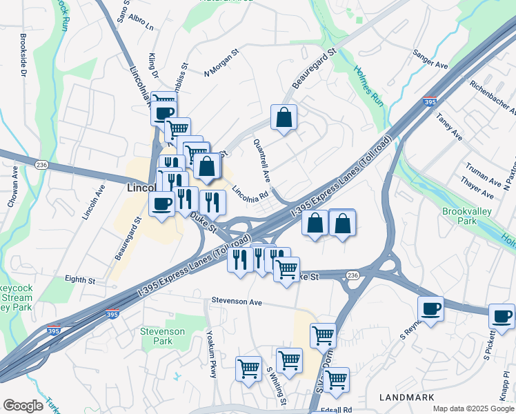 map of restaurants, bars, coffee shops, grocery stores, and more near 6033 Ricketts Walk in Alexandria