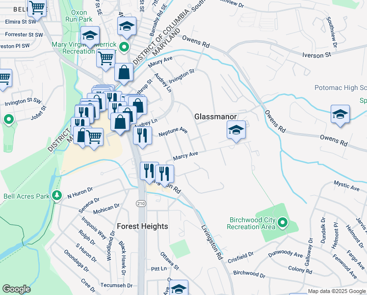 map of restaurants, bars, coffee shops, grocery stores, and more near 5310 Leverett Street in Oxon Hill