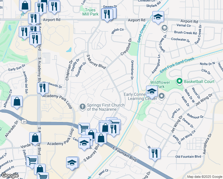 map of restaurants, bars, coffee shops, grocery stores, and more near 4185 Sanders View in Colorado Springs