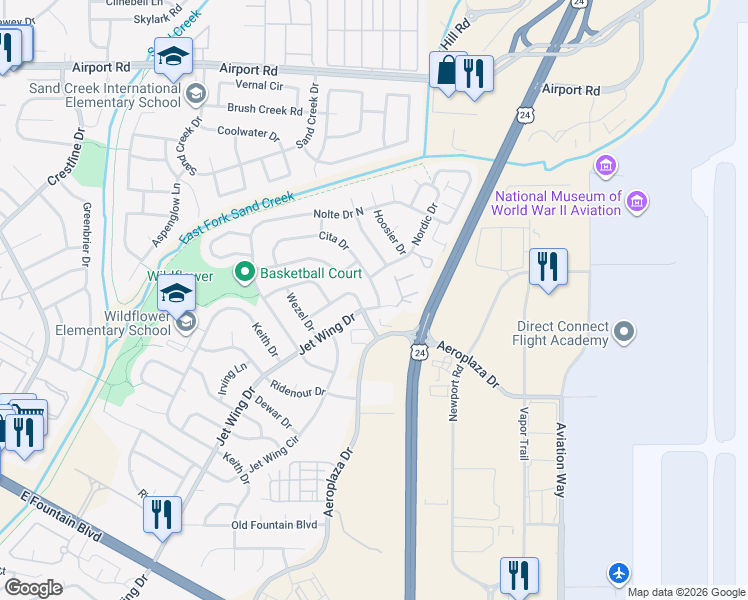 map of restaurants, bars, coffee shops, grocery stores, and more near 5175 Cita Drive in Colorado Springs