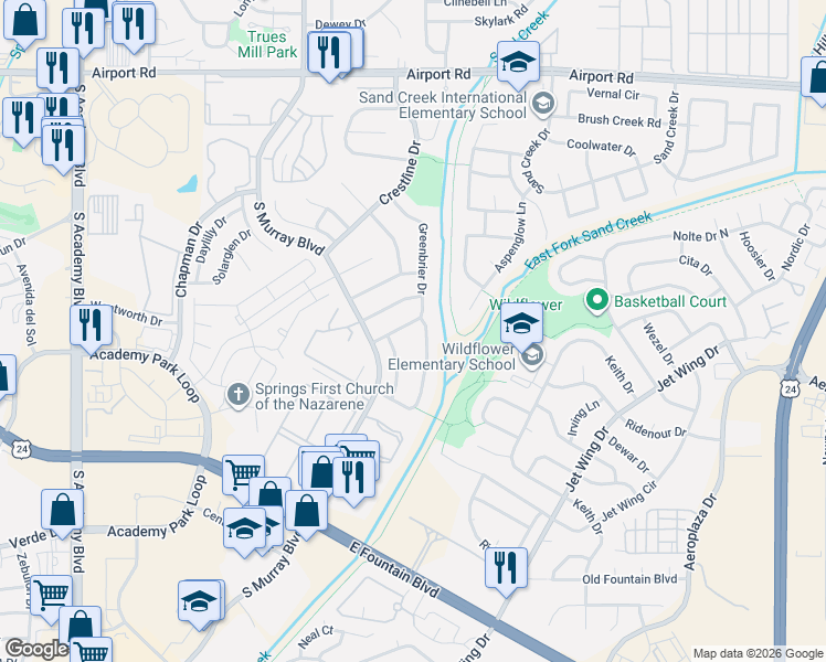 map of restaurants, bars, coffee shops, grocery stores, and more near 1125 Bayberry Drive in Colorado Springs