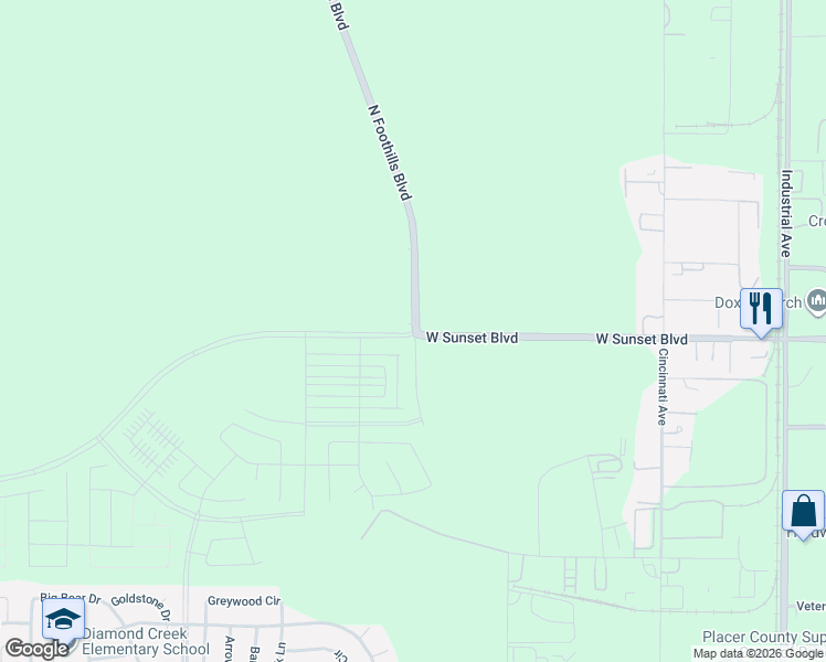 map of restaurants, bars, coffee shops, grocery stores, and more near 1121 West Sunset Boulevard in Rocklin