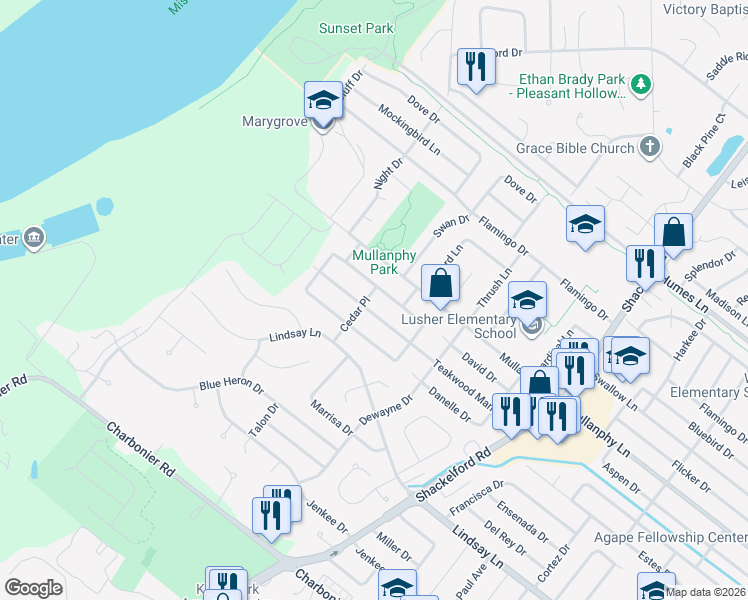 map of restaurants, bars, coffee shops, grocery stores, and more near 1070 Cedar Place in Florissant