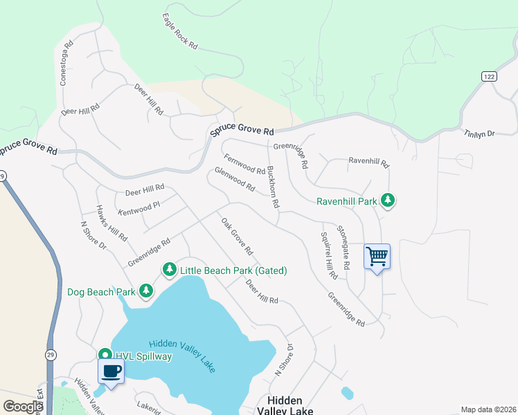 map of restaurants, bars, coffee shops, grocery stores, and more near 17432 Greenridge Road in Hidden Valley Lake