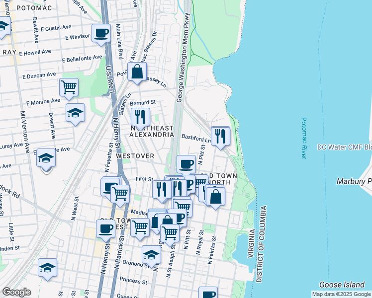 map of restaurants, bars, coffee shops, grocery stores, and more near 1201 East Abingdon Drive in Alexandria