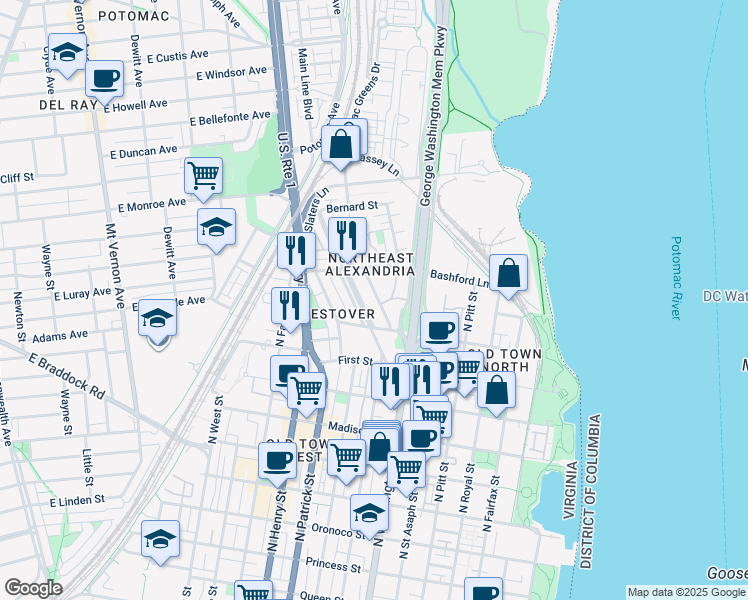 map of restaurants, bars, coffee shops, grocery stores, and more near 1128 Portner Road in Alexandria