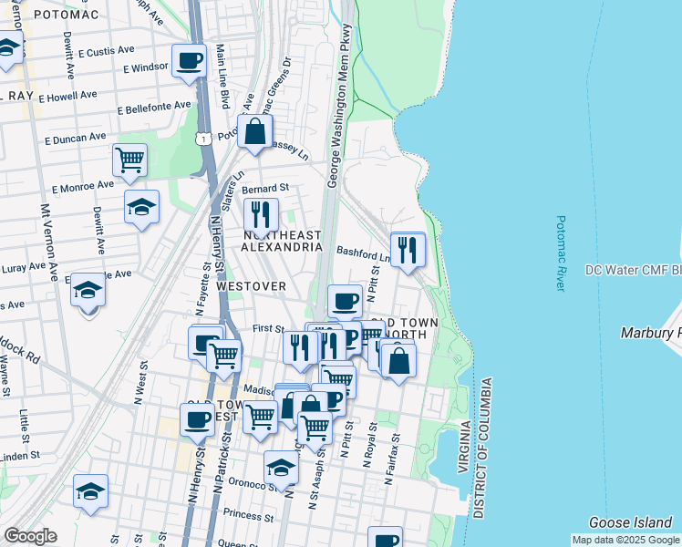 map of restaurants, bars, coffee shops, grocery stores, and more near 1201 East Abingdon Drive in Alexandria