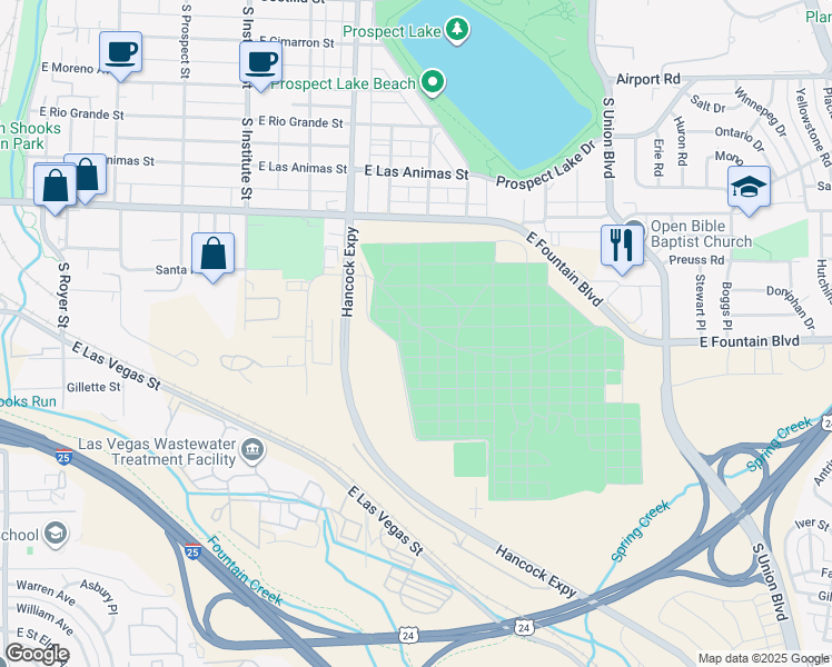 map of restaurants, bars, coffee shops, grocery stores, and more near 1005 South Hancock Avenue in Colorado Springs