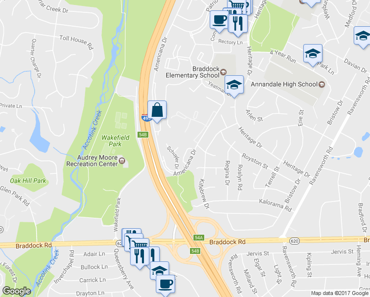 map of restaurants, bars, coffee shops, grocery stores, and more near 4920 Sauquoit Lane in Annandale
