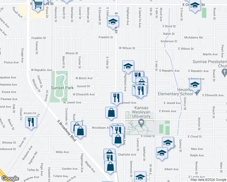 map of restaurants, bars, coffee shops, grocery stores, and more near 1212 South 9th Street in Salina