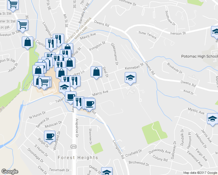 map of restaurants, bars, coffee shops, grocery stores, and more near 5315 Deal Drive in Oxon Hill-Glassmanor