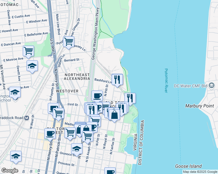 map of restaurants, bars, coffee shops, grocery stores, and more near 1211 North Pitt Street in Alexandria