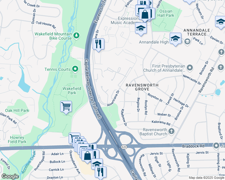 map of restaurants, bars, coffee shops, grocery stores, and more near 4920 Sauquoit Lane in Annandale