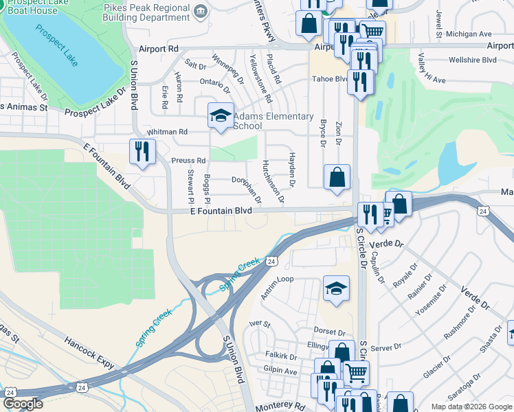 map of restaurants, bars, coffee shops, grocery stores, and more near 2210 East Fountain Boulevard in Colorado Springs