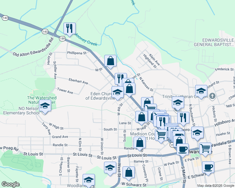 map of restaurants, bars, coffee shops, grocery stores, and more near 903 North 2nd Street in Edwardsville