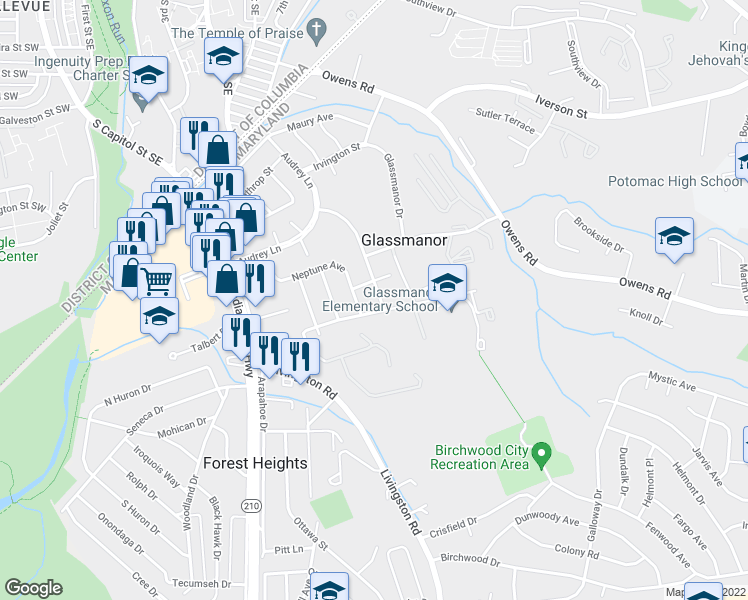 map of restaurants, bars, coffee shops, grocery stores, and more near 5315 Deal Drive in Oxon Hill-Glassmanor