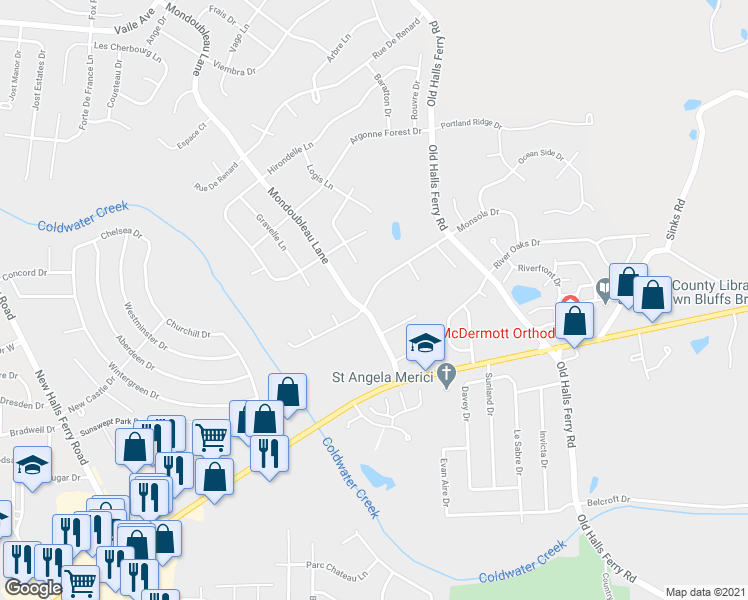 map of restaurants, bars, coffee shops, grocery stores, and more near 14360 Mondoubleau Lane in Florissant