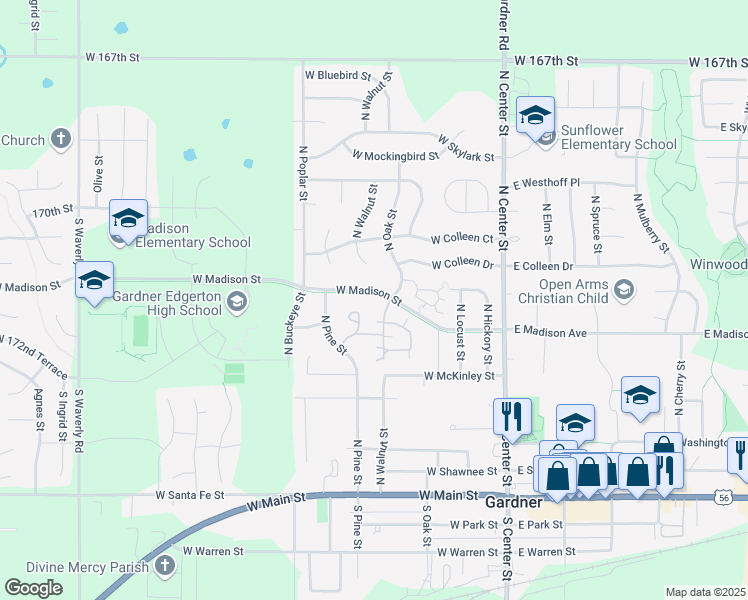 map of restaurants, bars, coffee shops, grocery stores, and more near 375 North Pine Street in Gardner