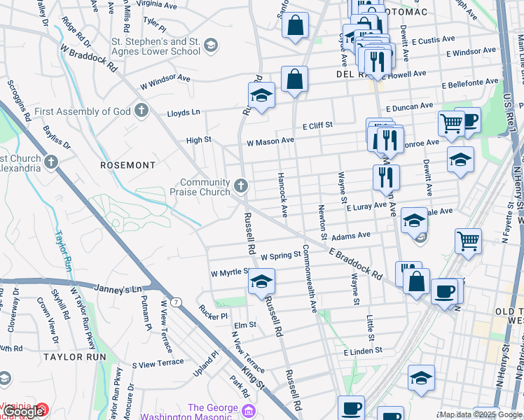map of restaurants, bars, coffee shops, grocery stores, and more near 115 West Braddock Road in Alexandria