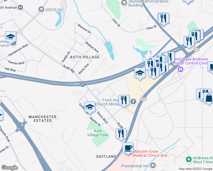 map of restaurants, bars, coffee shops, grocery stores, and more near 5327 Carswell Avenue in Camp Springs