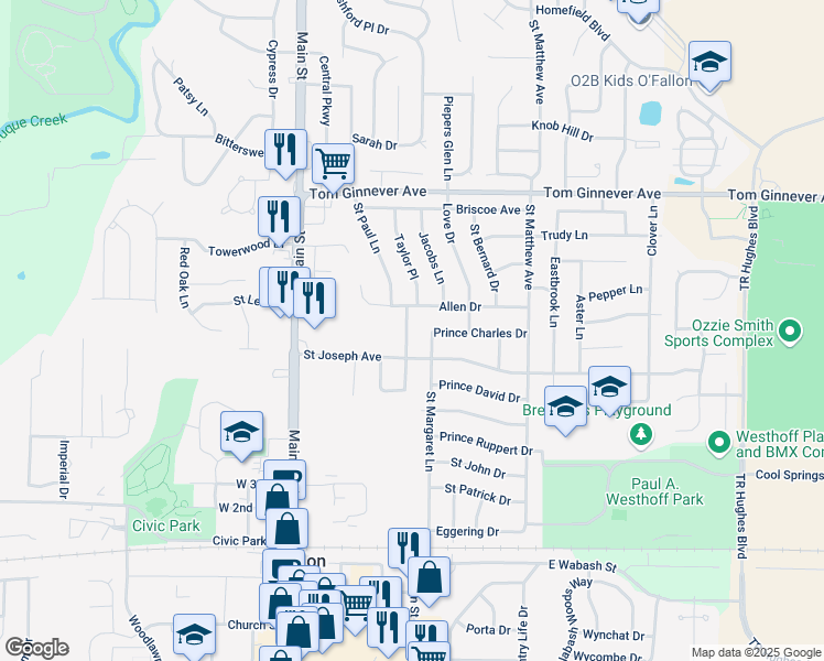 map of restaurants, bars, coffee shops, grocery stores, and more near 702 Saint Paul Lane in O'Fallon