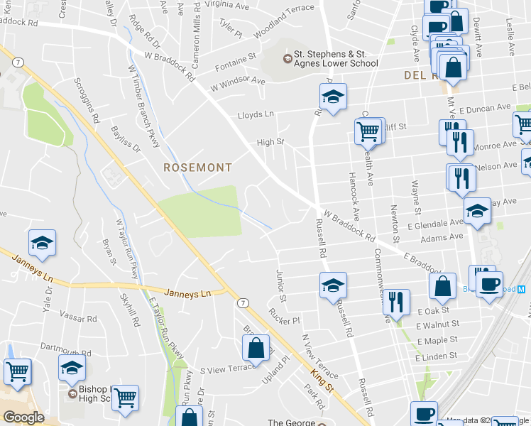 map of restaurants, bars, coffee shops, grocery stores, and more near 402 Hanson Lane in Alexandria